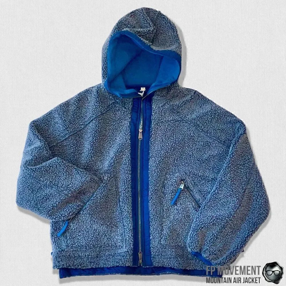 FP MOVEMENT MOUNTAIN AIR SHERPA FULL ZIP HOODED JACKET BLUE WOMEN OVERSIZED XS-L